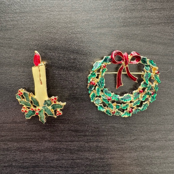 Vintage Candle and Wreath Christmas Brooch Set - Picture 1 of 3